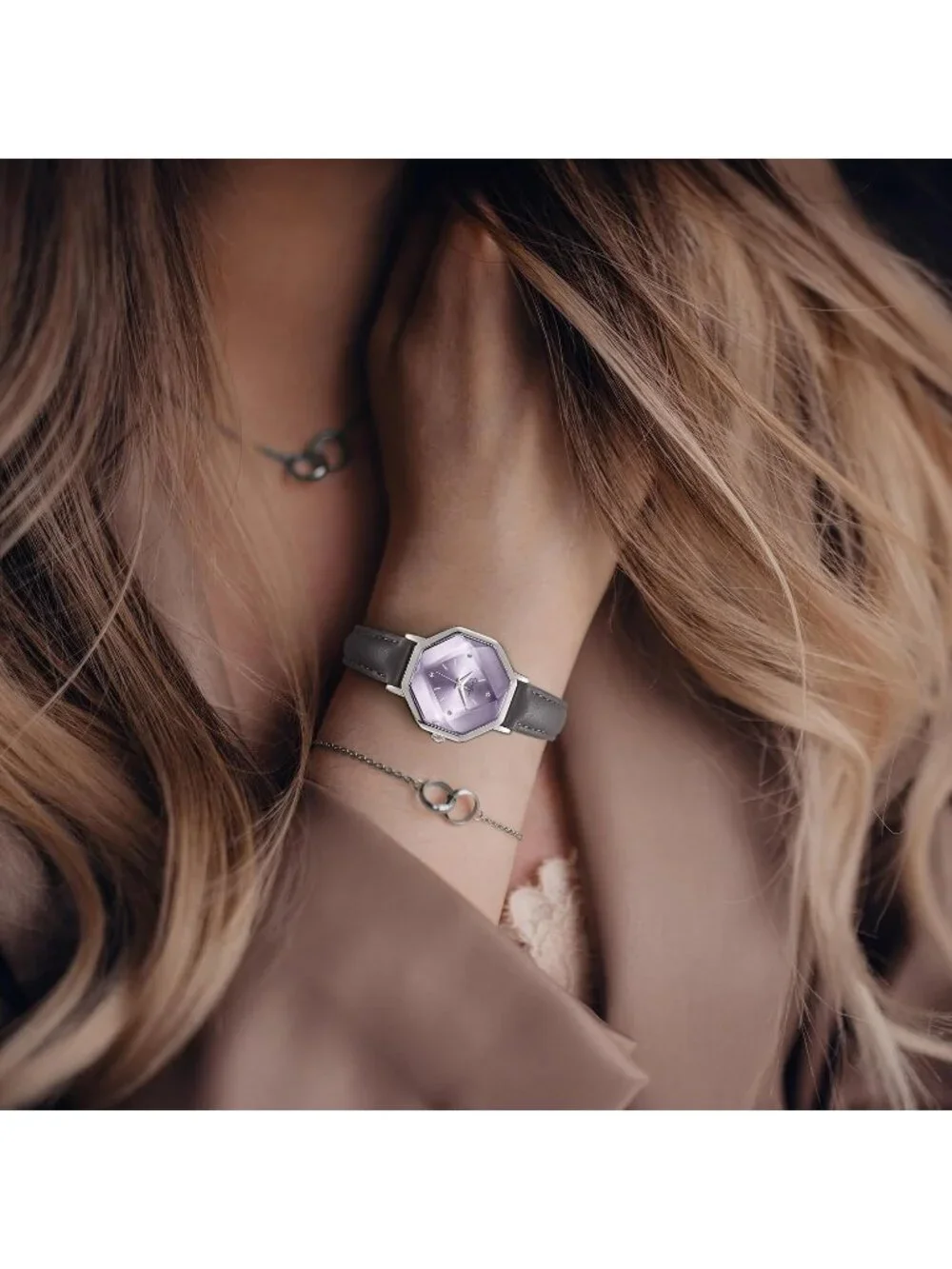 Women's Silver Leather Band Octagon Faceted Crystal Dial Classic Wrist Watch